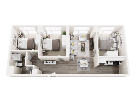 A top-down view of a small apartment with two bedrooms, a living room, and a kitchen.